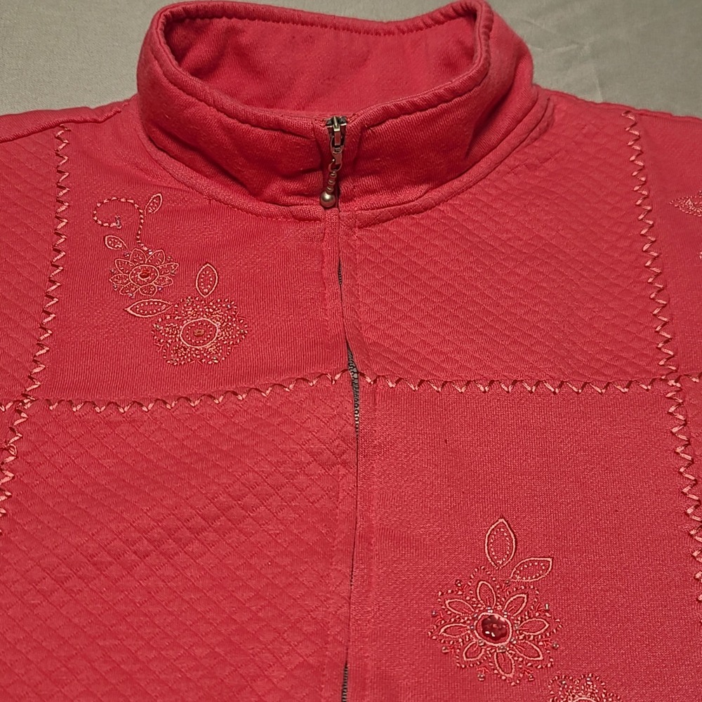 Alfred Dunner Zip Up Sweatshirt Womens 16P Coral Pink Embroidered Beaded Quilted
